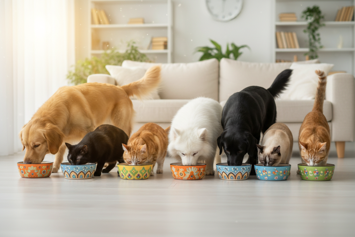 Dogs and cats eating happily