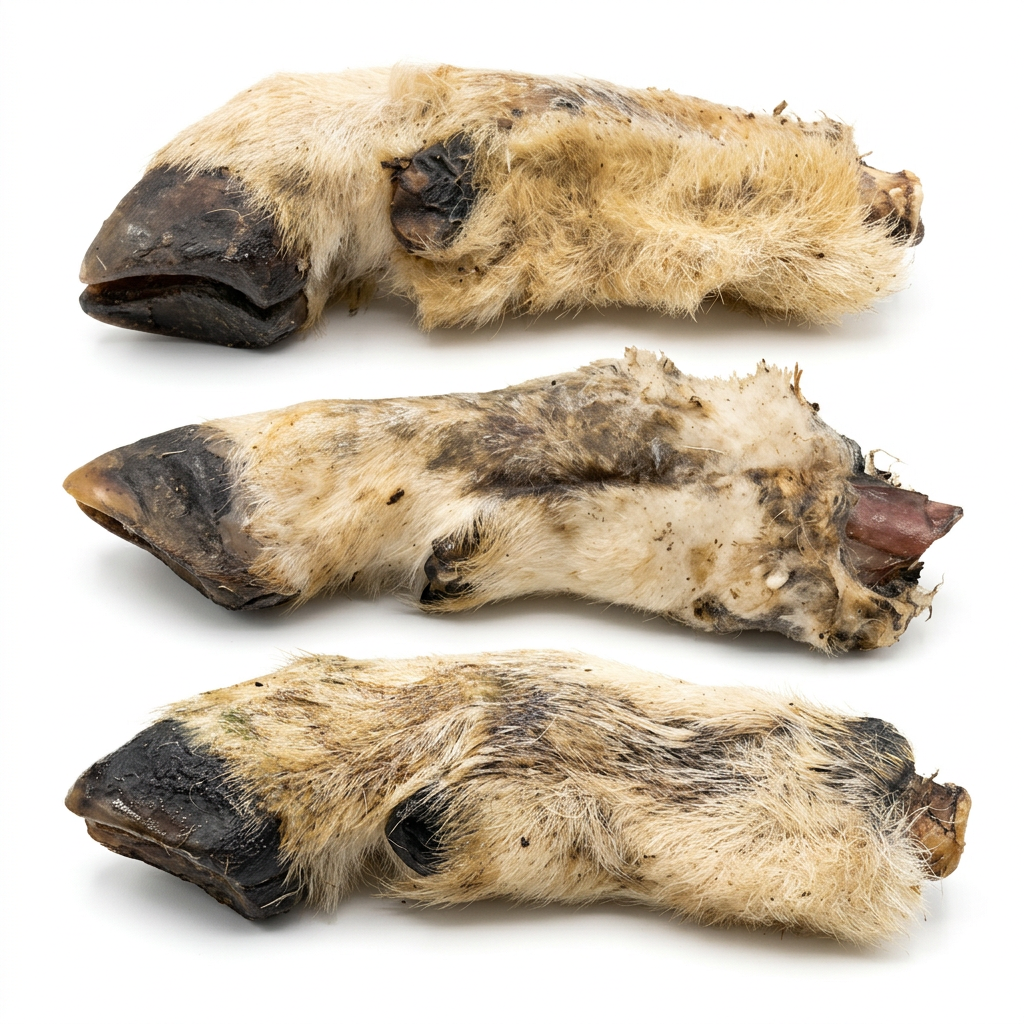 Three hairy sheep trotters on a pure white background