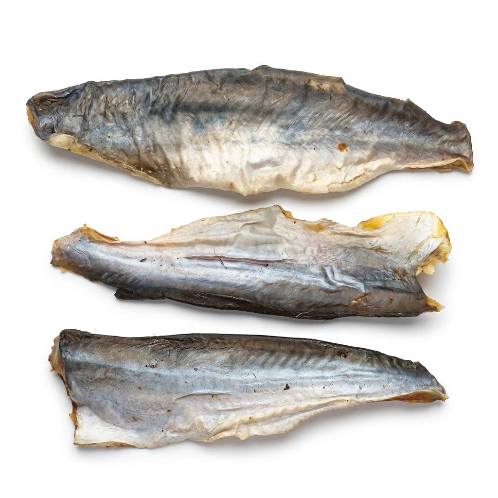 Mackerel jerky with a pure white background