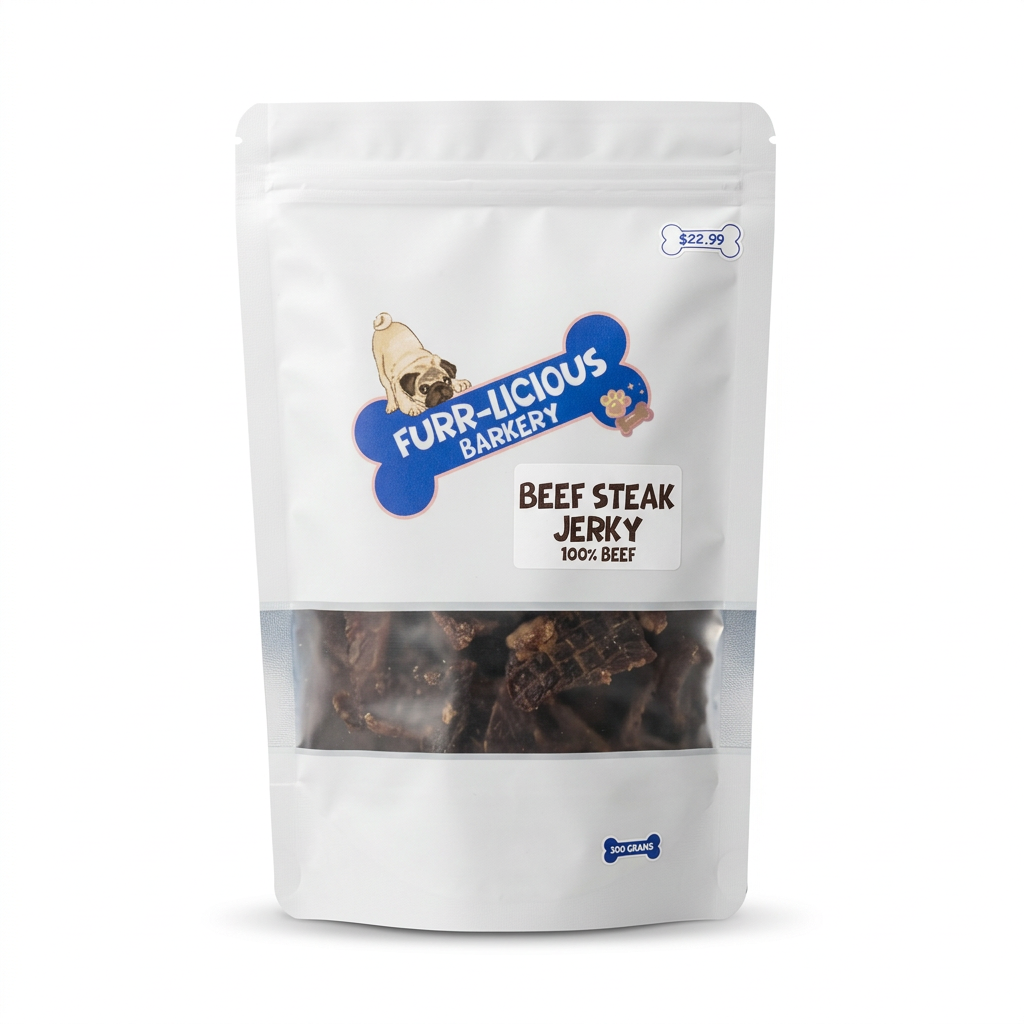 FURR-LICIOUS BARKERY Beef Steak Jerky pouch on a white background