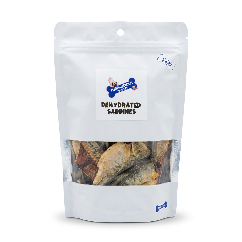 Furr-licious Barkery Dehydrated Sardines pouch on a white background