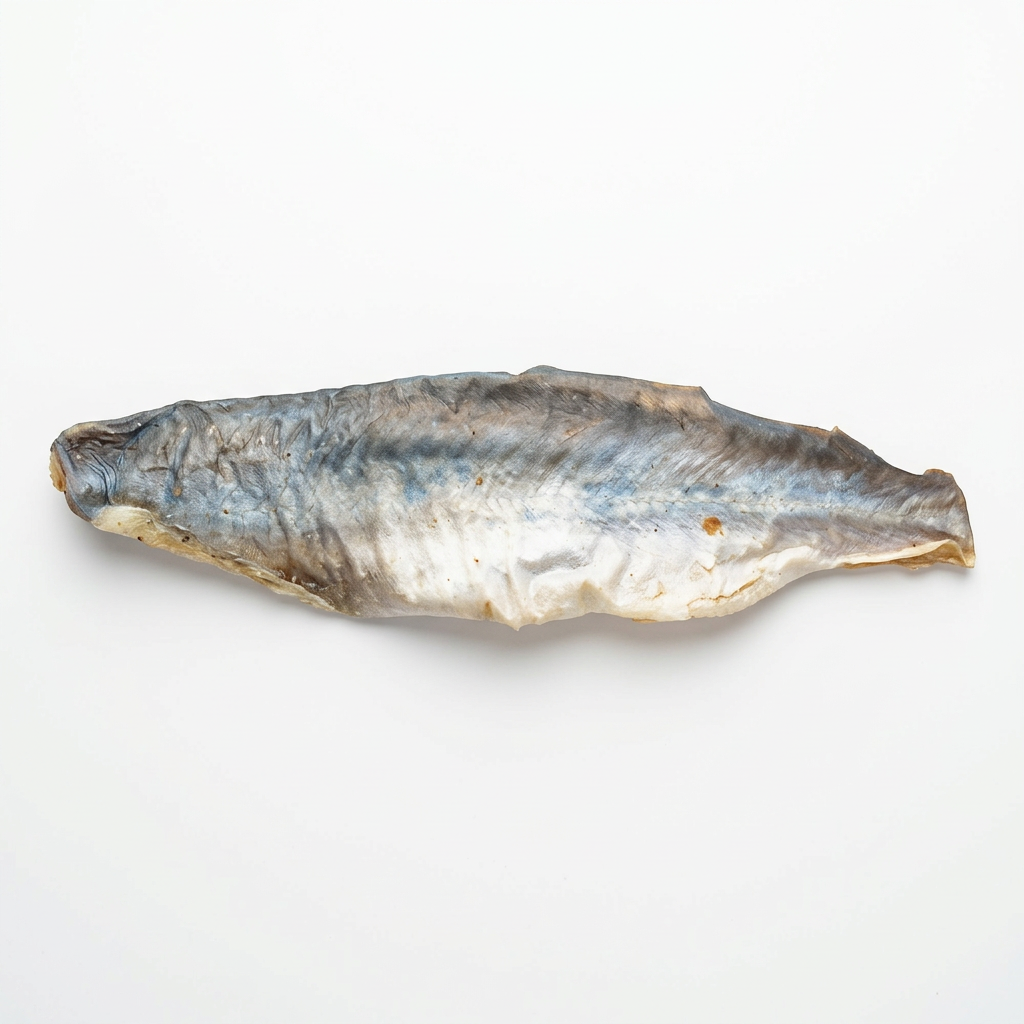 Single piece of mackerel jerky on a clean white background