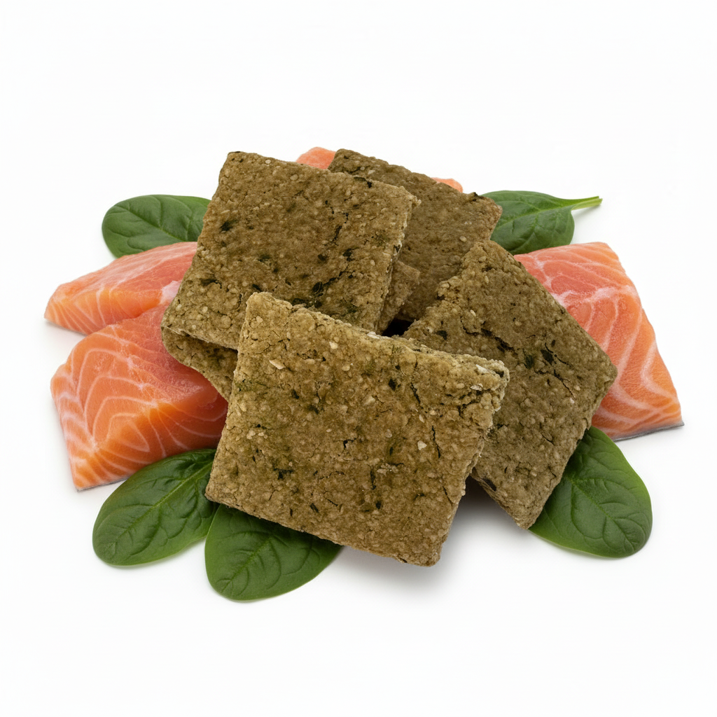 Square biscuits with balanced salmon and spinach